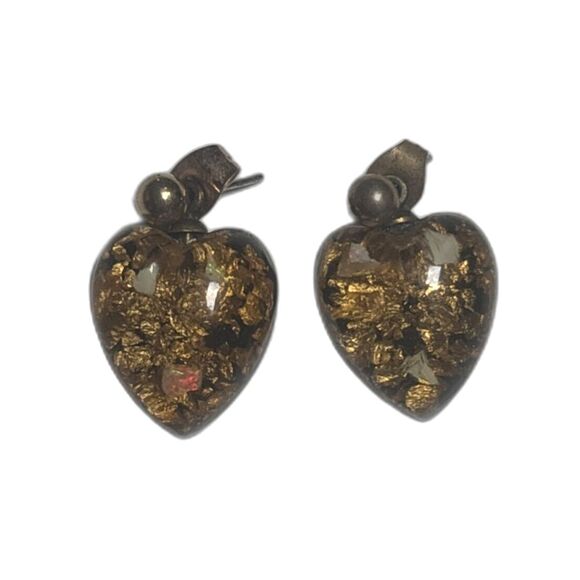Vintage Black Gold Fleck Opal Post Heart Dangle Lucite Earrings Barbie core - Picture 1 of 5